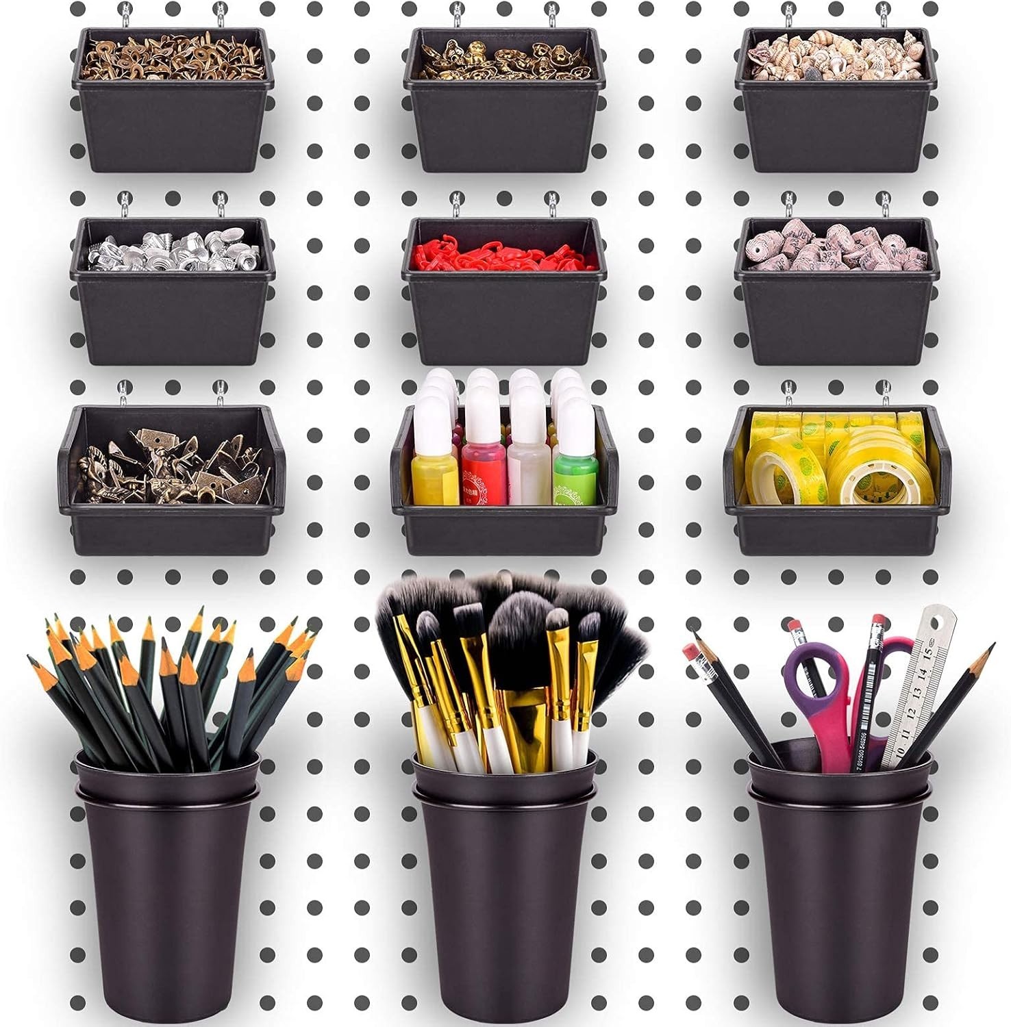 12 Pack Pegboard Bins PegBoard Cups with Hooks & Loops, Peg Board Hooks Assor...