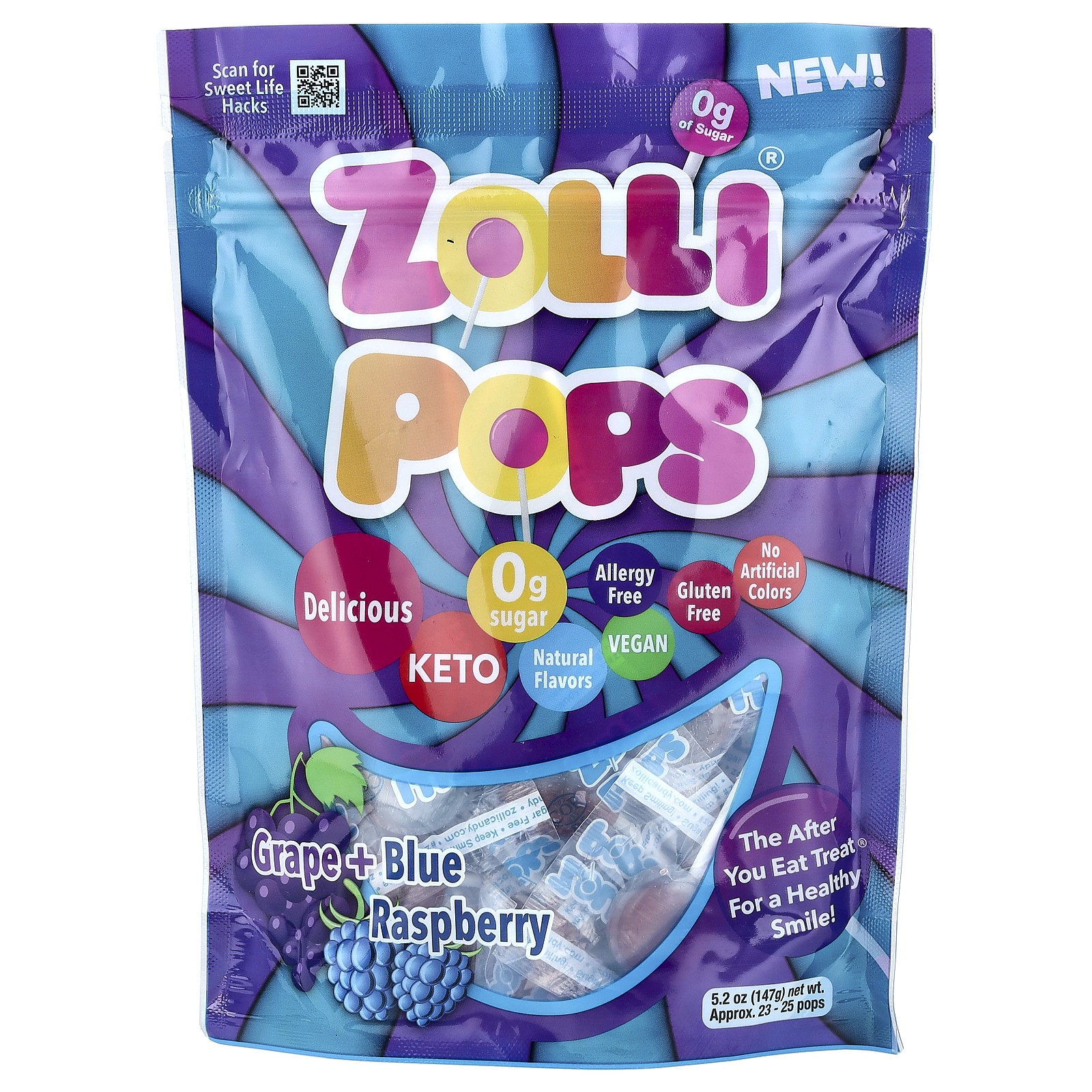 The Clean Teeth Pops, Grape + Blue Raspberry, Approx. 23-25 pops, 5.2 oz (147 g)