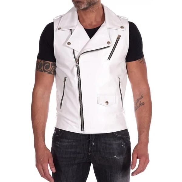 "New Mens Biker Zipper Pockets Genuine lambskin Leather White Vest Jacket"