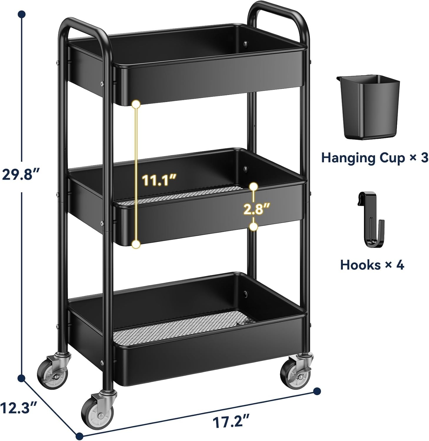 Metal mesh structure with wheels, cups and hooks, multi-use for kitchen,