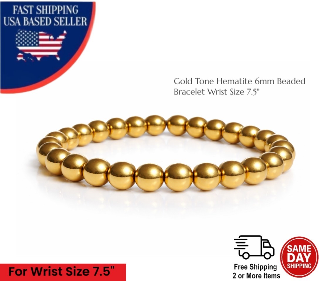 Gold Tone Hematite Bracelet 6mm 7.5" Natural Healing Crystal Protection Stretch