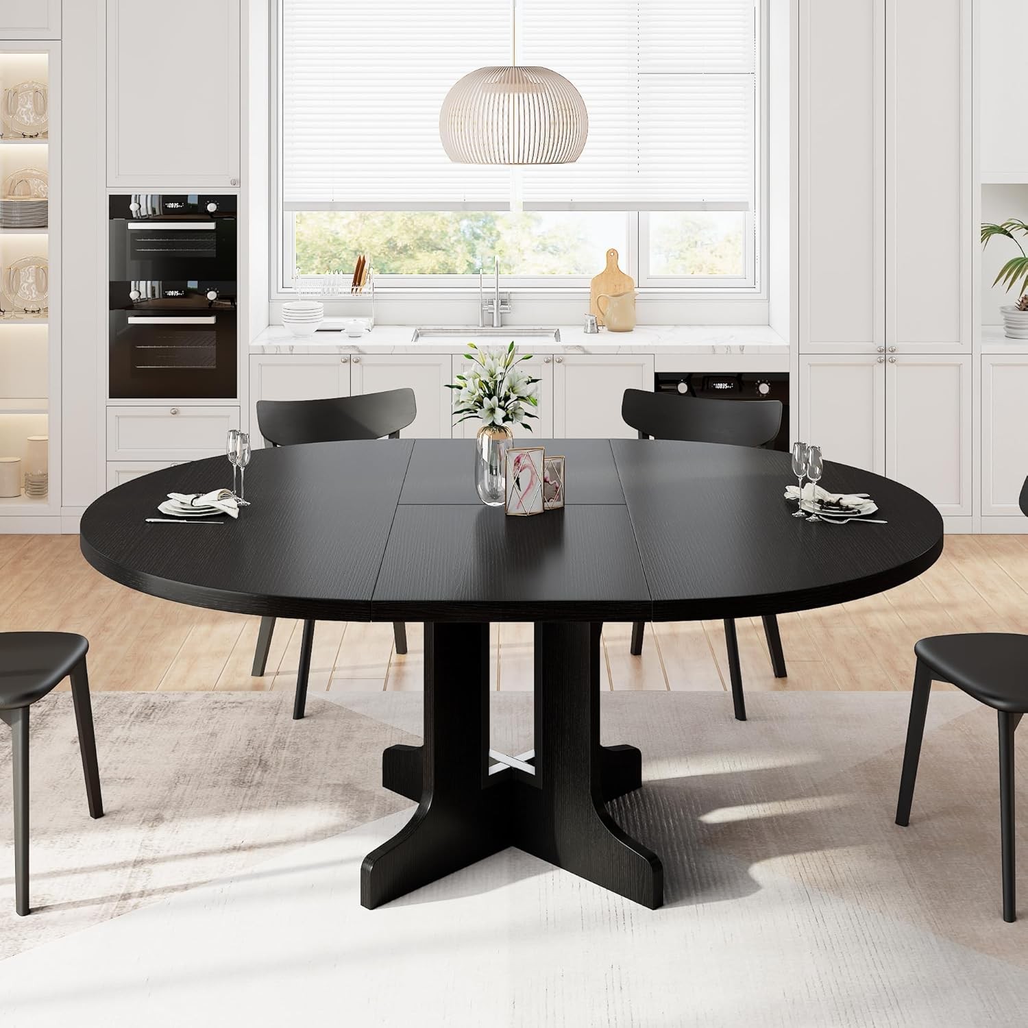 59" Extendable Round Dining Table for 4-6, Modern Kitchen Table with Heavy Duty