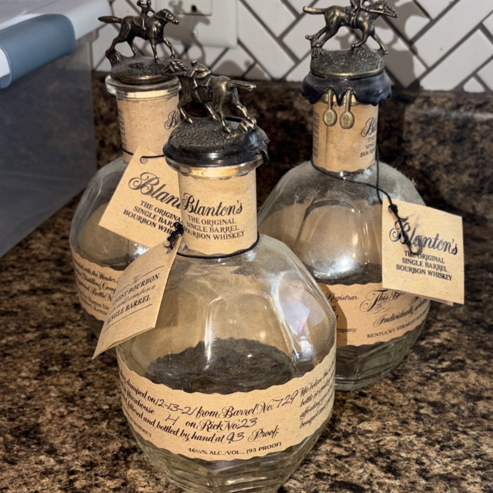 Blanton's Original Single Barrel Bourbon Whiskey Empty Bottles No. 220, 93 & 31
