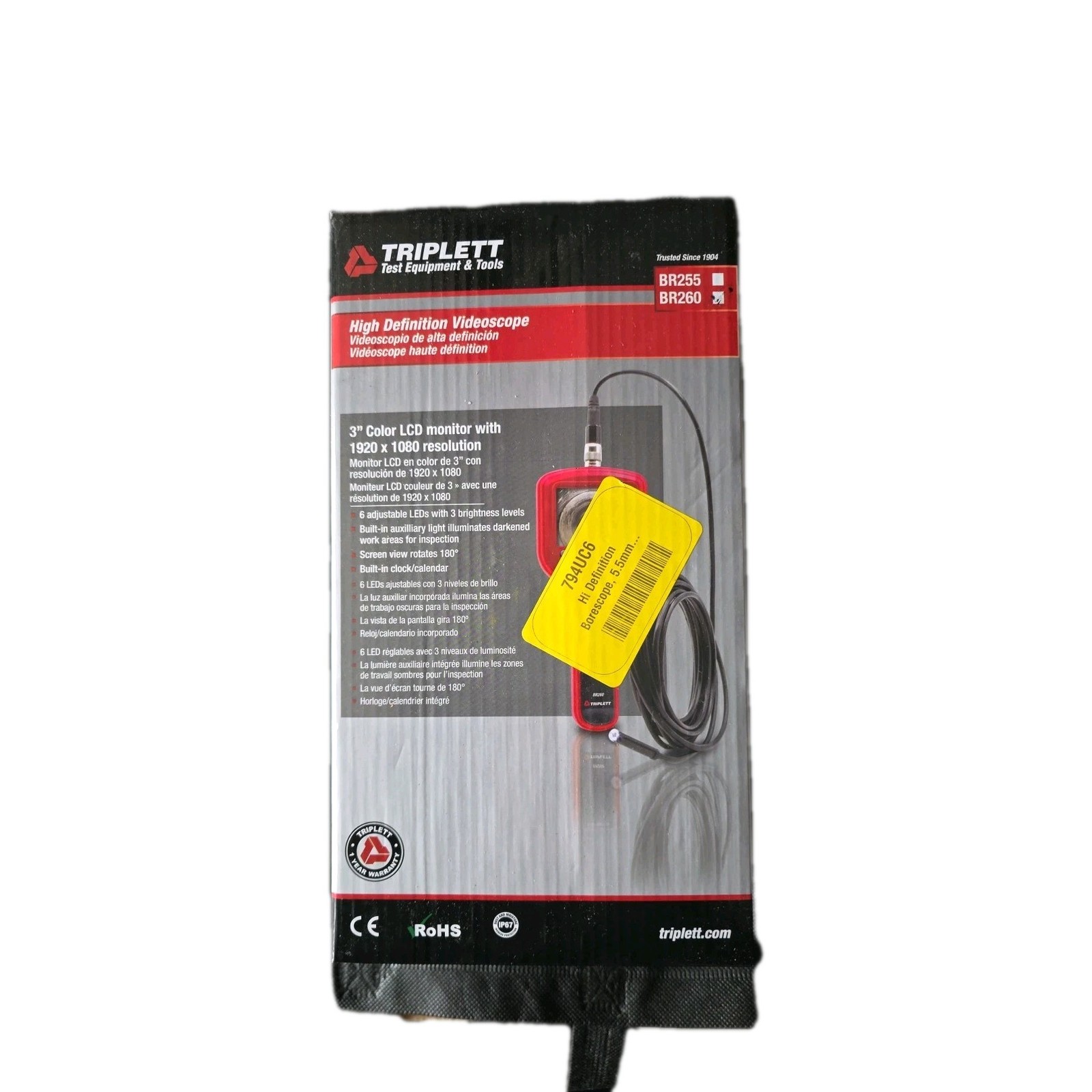 TRIPLETT BR260 Hi Definition Borescope, 5.5mm camera 794UC6