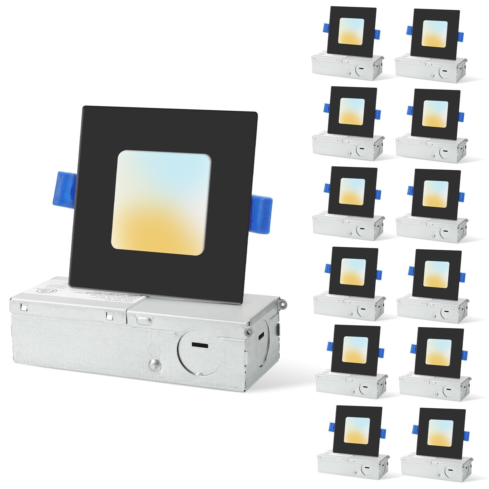 HONZIN 12 Pack 3 Inch Square Recessed Lighting, 5CCT 3 Inch, Black - 12