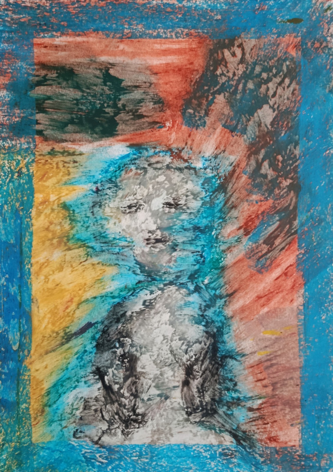 Man Portrait Modern Art Oil Chalk On A4 Paper Abstract Painting Picture