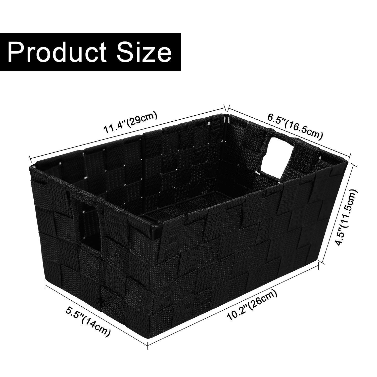 Woven Black Storage Baskets Shelf Tote Boxes 3 Pack, Strap