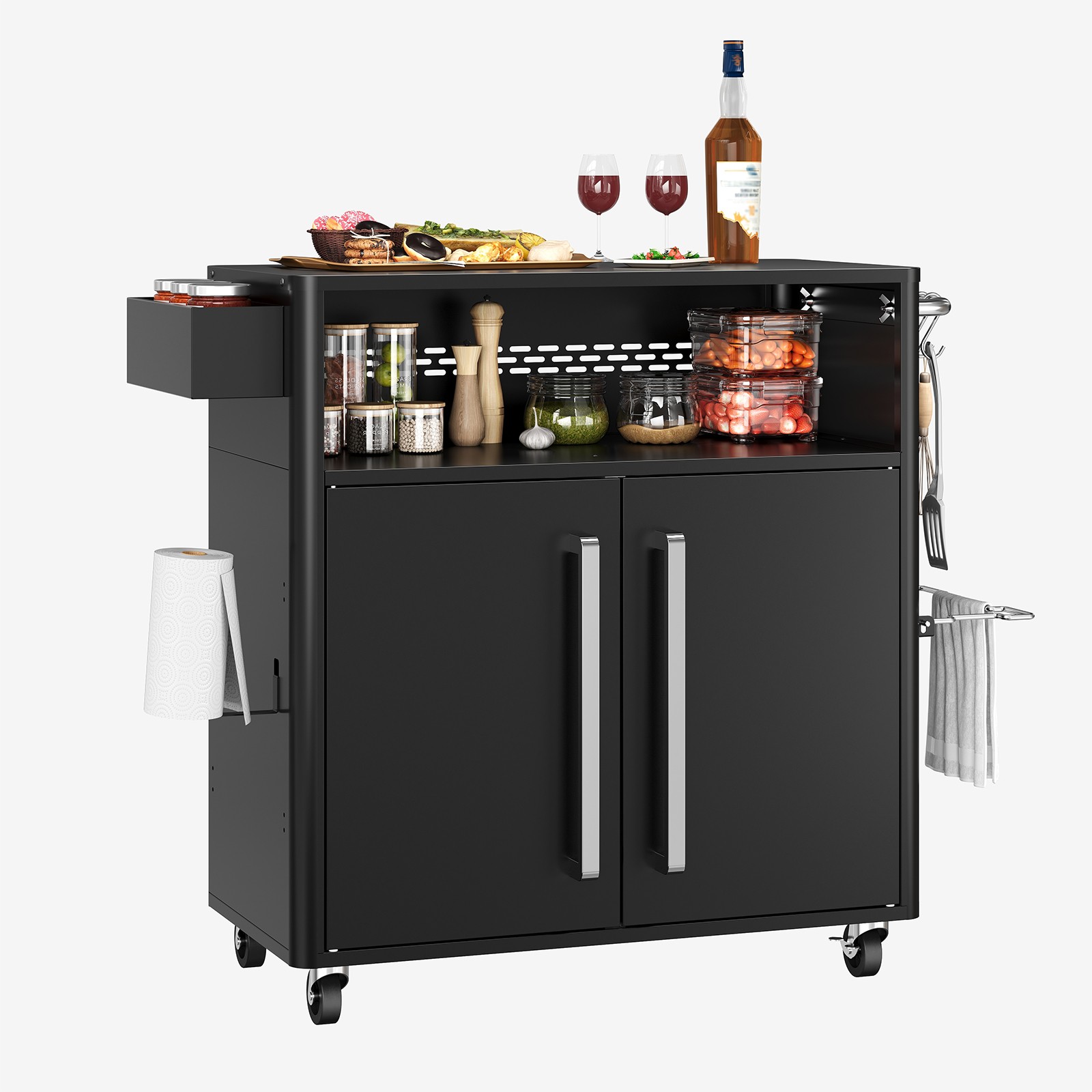 Outdoor BBQ Grill Cart with Storage Cabinet Stainless Steel Top Rolling Bar Cart