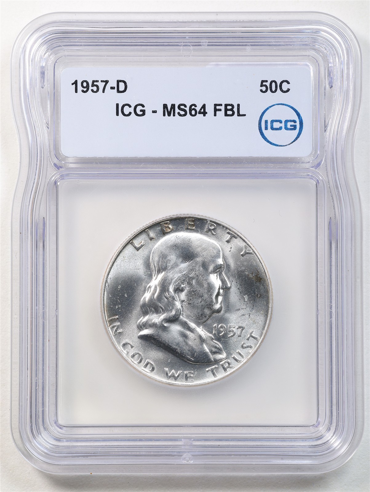 1957-D 50C Franklin Silver Half Dollar MS64FBL ICG 394203