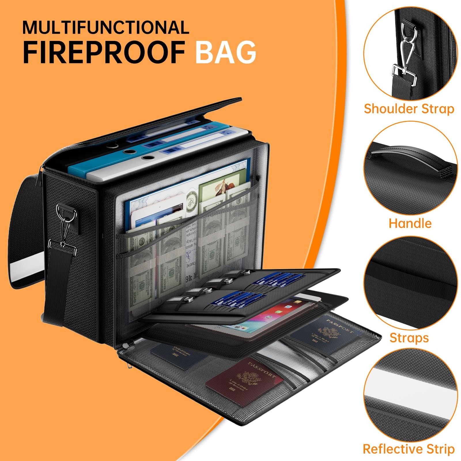 Fireproof Document Bag with Multiple Pockets,5200°F Large (17”x12.5”x7.2”) Fi...