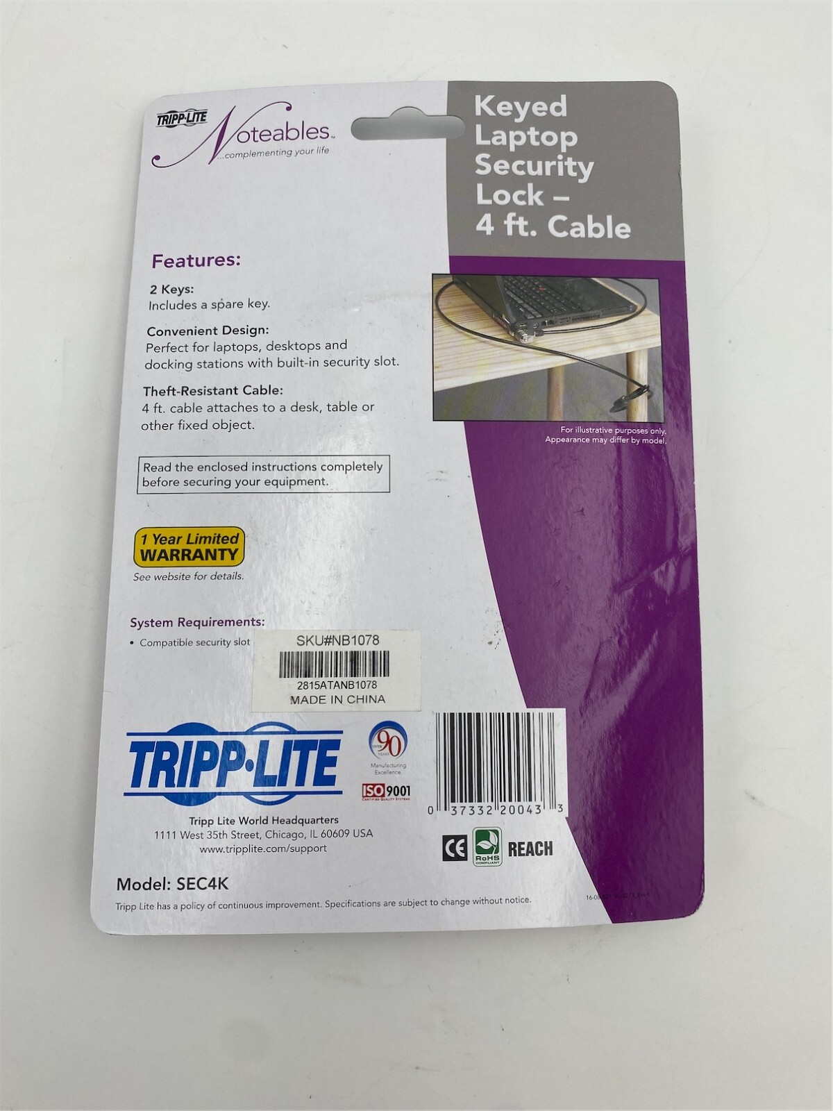 Tripp Lite Keyed Laptop Security Lock w/ 4ft. Cable SEC4K