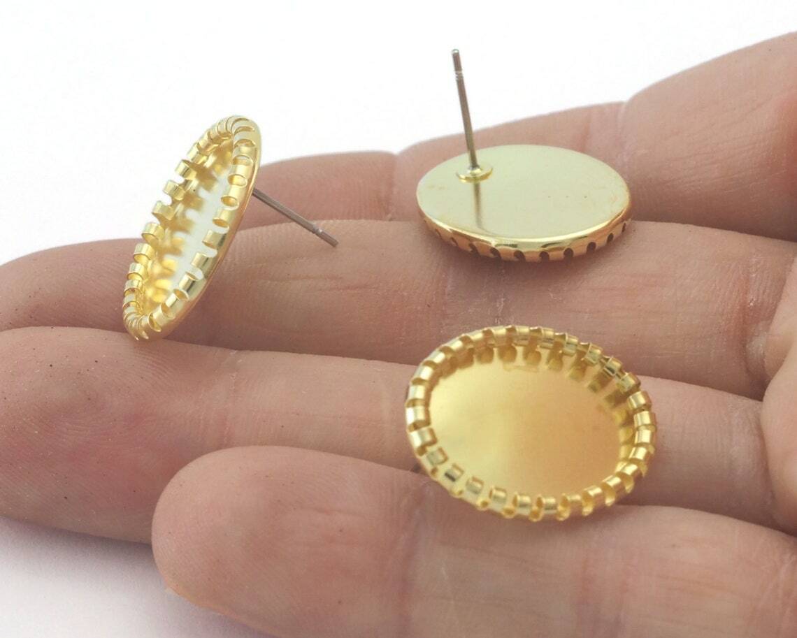 1 pair Oval Earring Base Prong Stud Posts Bezel Blank raw brass 4306