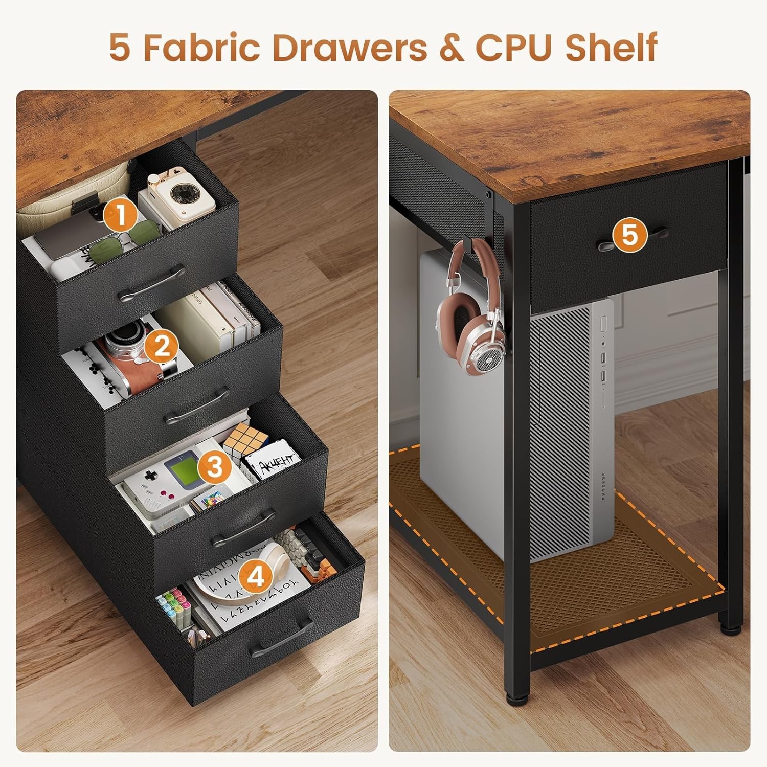 57" L Shaped Desk with 5 Drawers, Reversible Computer Corner Desk with Storage