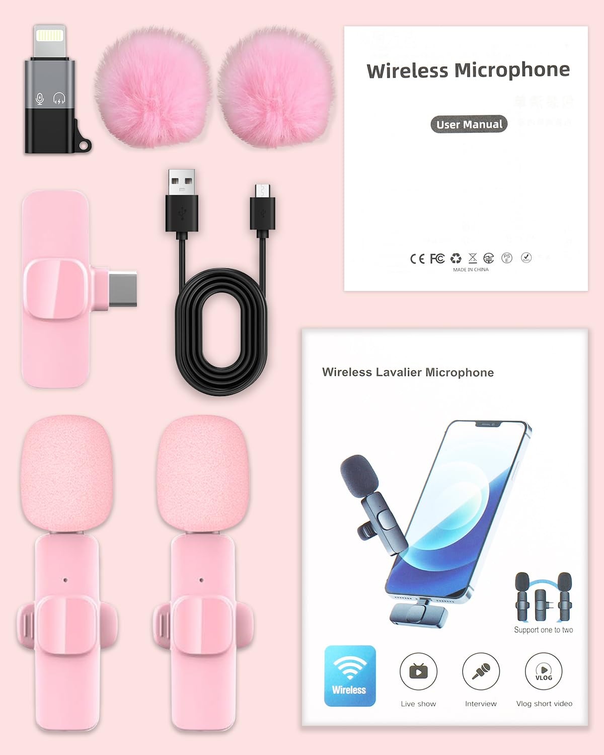 KoXeetech Pink Mini Wireless Microphone for iPhone & Android, mini, pink