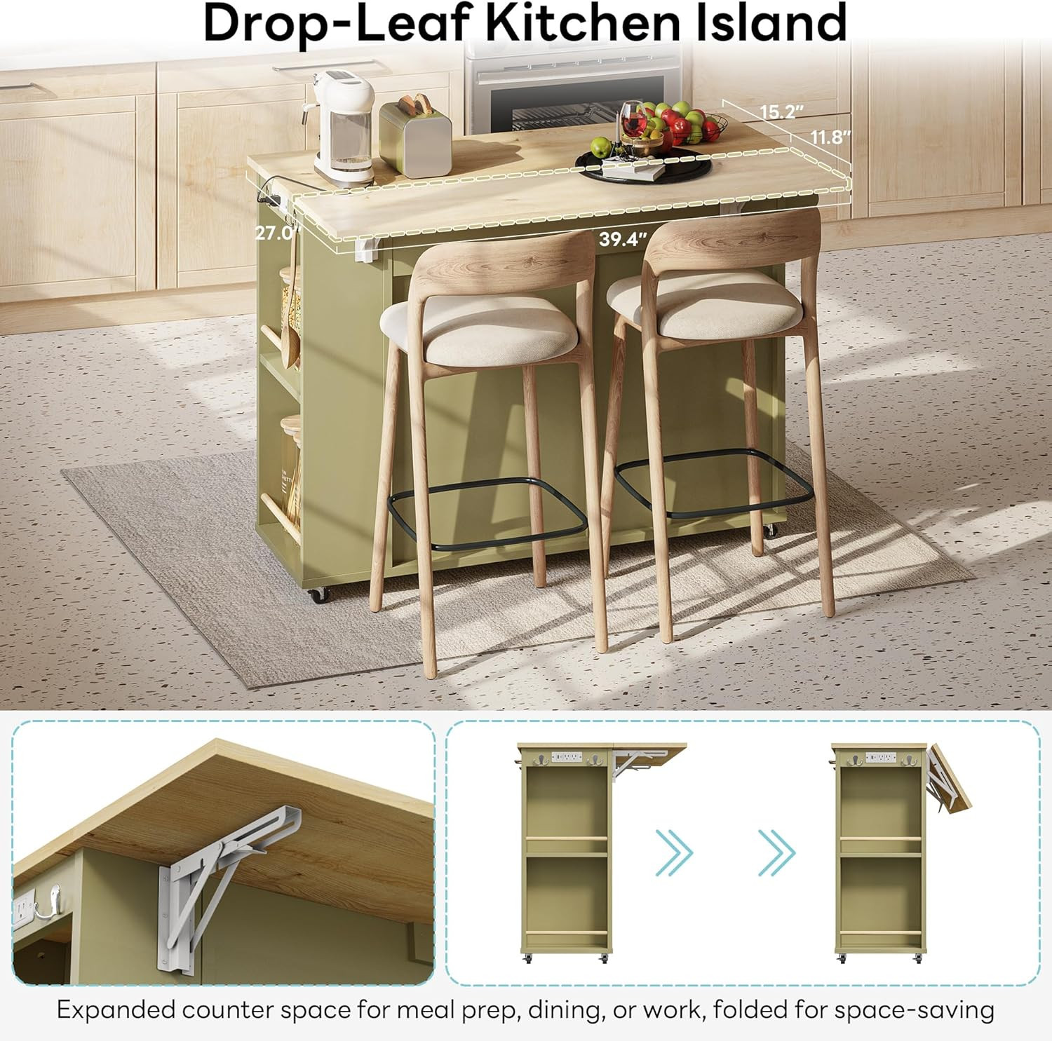 Green Rolling Kitchen Island with Power Outlet, Storage & Wine Racks