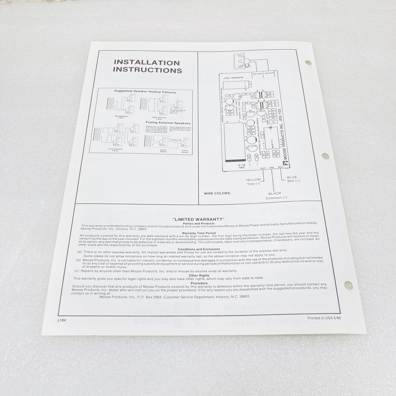 Moose JDS-102 Bell Siren Driver Specifications & Instructions Operations