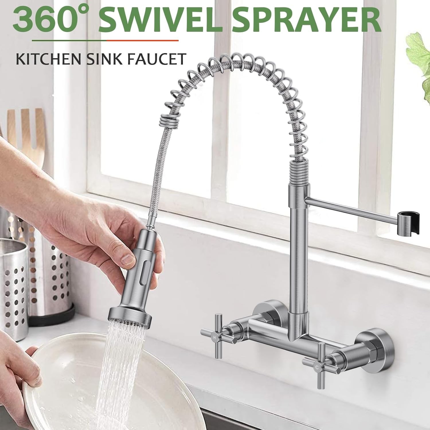 Commercial 8 Inch 2 Handle Wall Mount Kitchen Sink Faucet with Pull Down Sprayer
