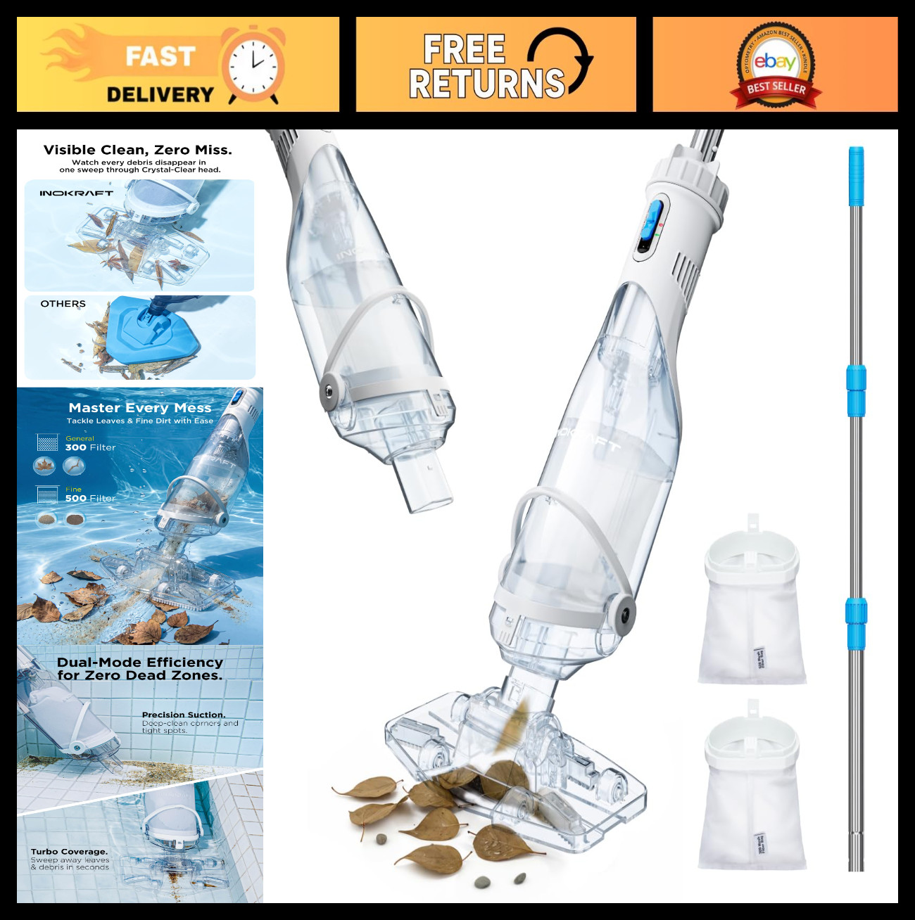 Cordless Rechargeable Pool Vacuum for Above Ground & Inground Pools, 18.5 GPM Su