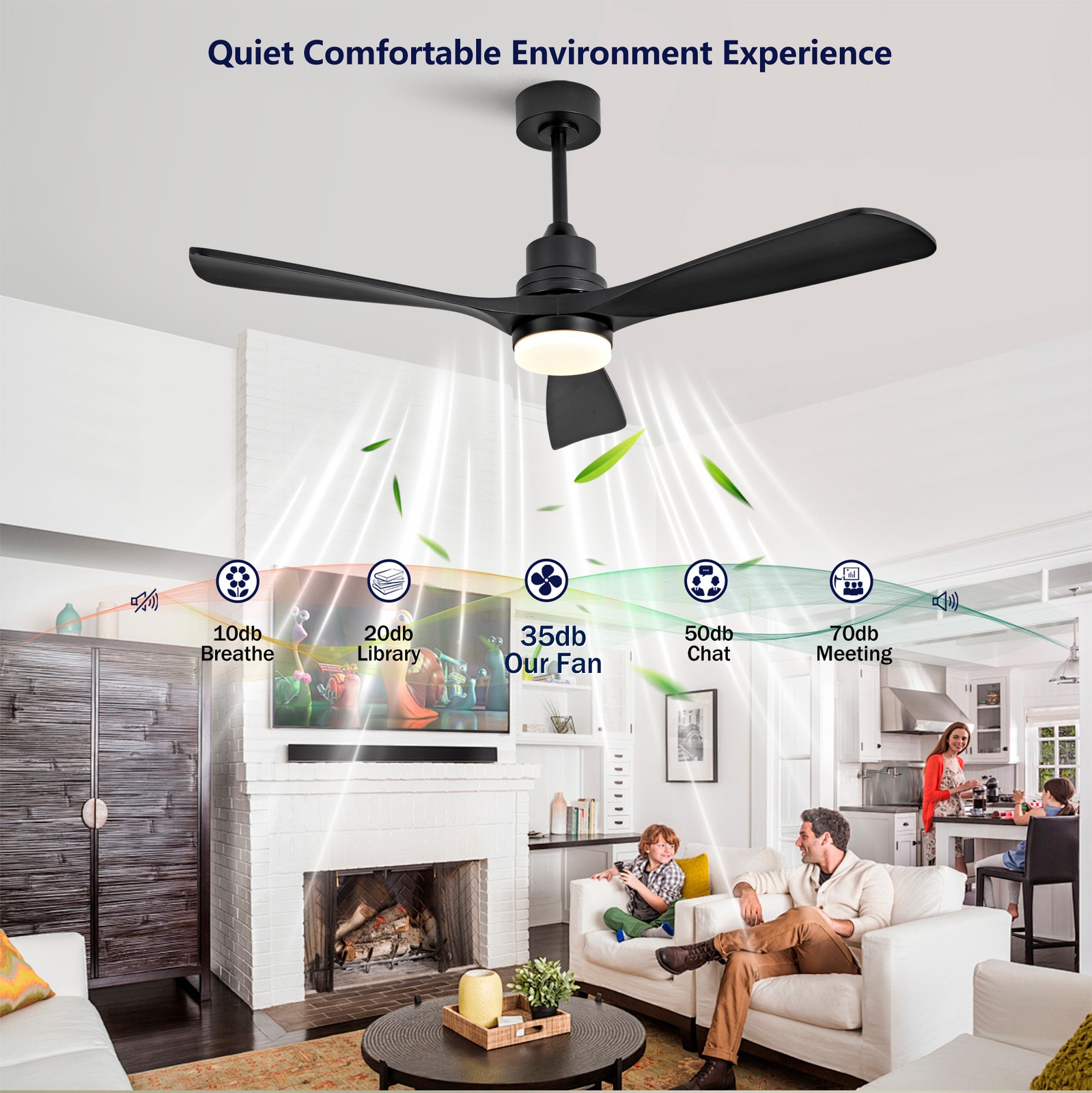 52" Modern Black Ceiling Fan With Light 3 Solid Wood Blades Remote Control