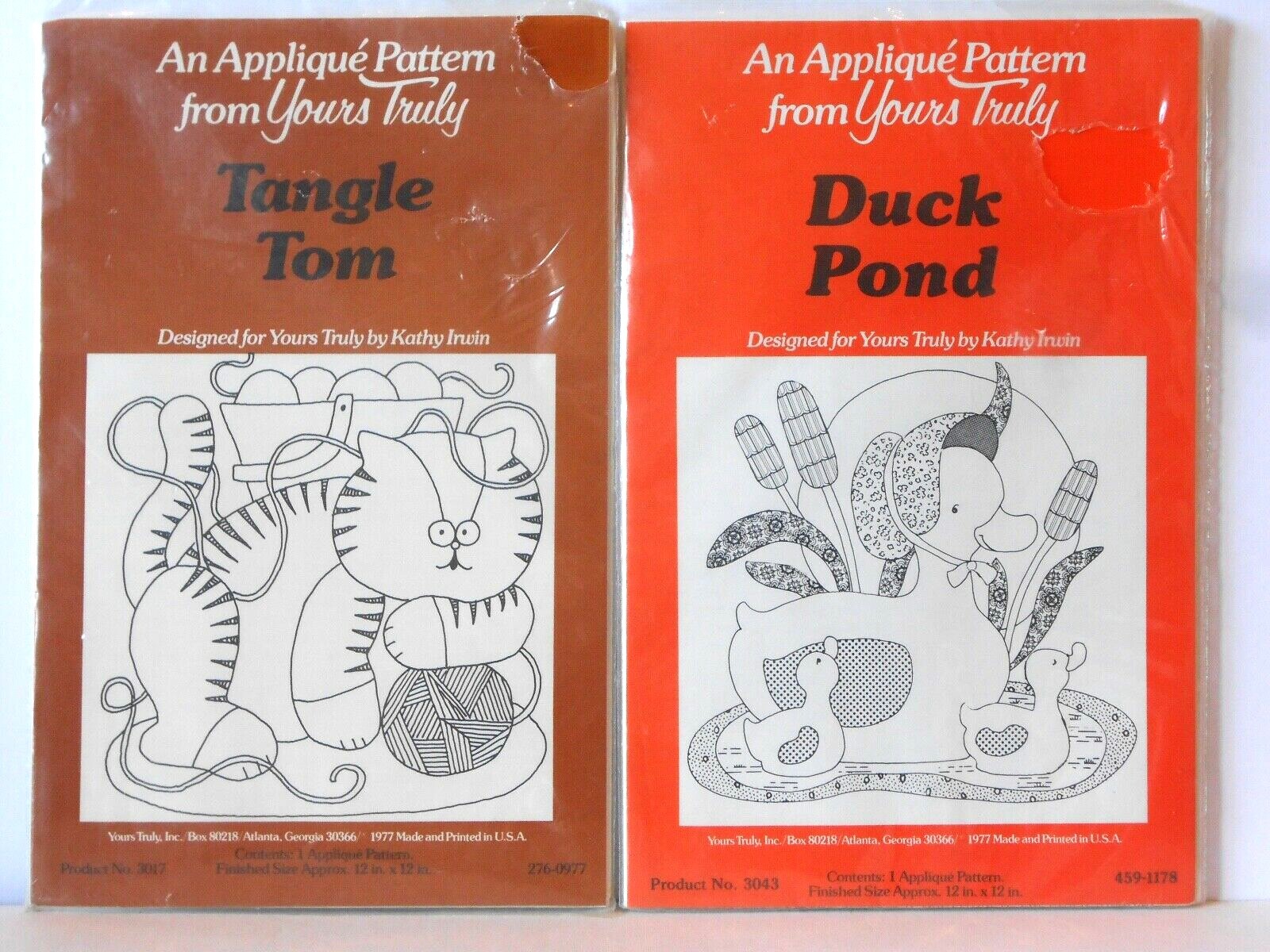 PATTERNS #3017 & #3043 YOURS TRULY APPLIQUE "TANGLE TOM" CAT & "DUCK POND" NIP!