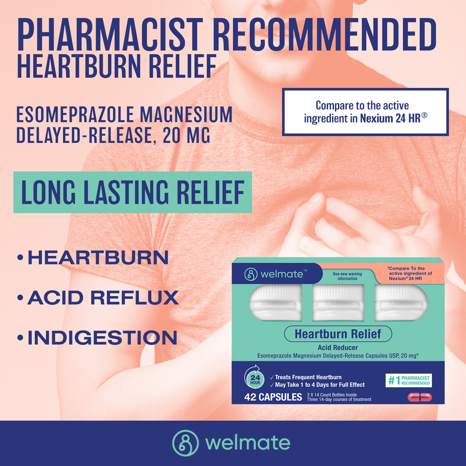WELMATE Esomeprazole Magnesium 20mg DR Capsules | 24Hour Acid Reducer | 42 Count