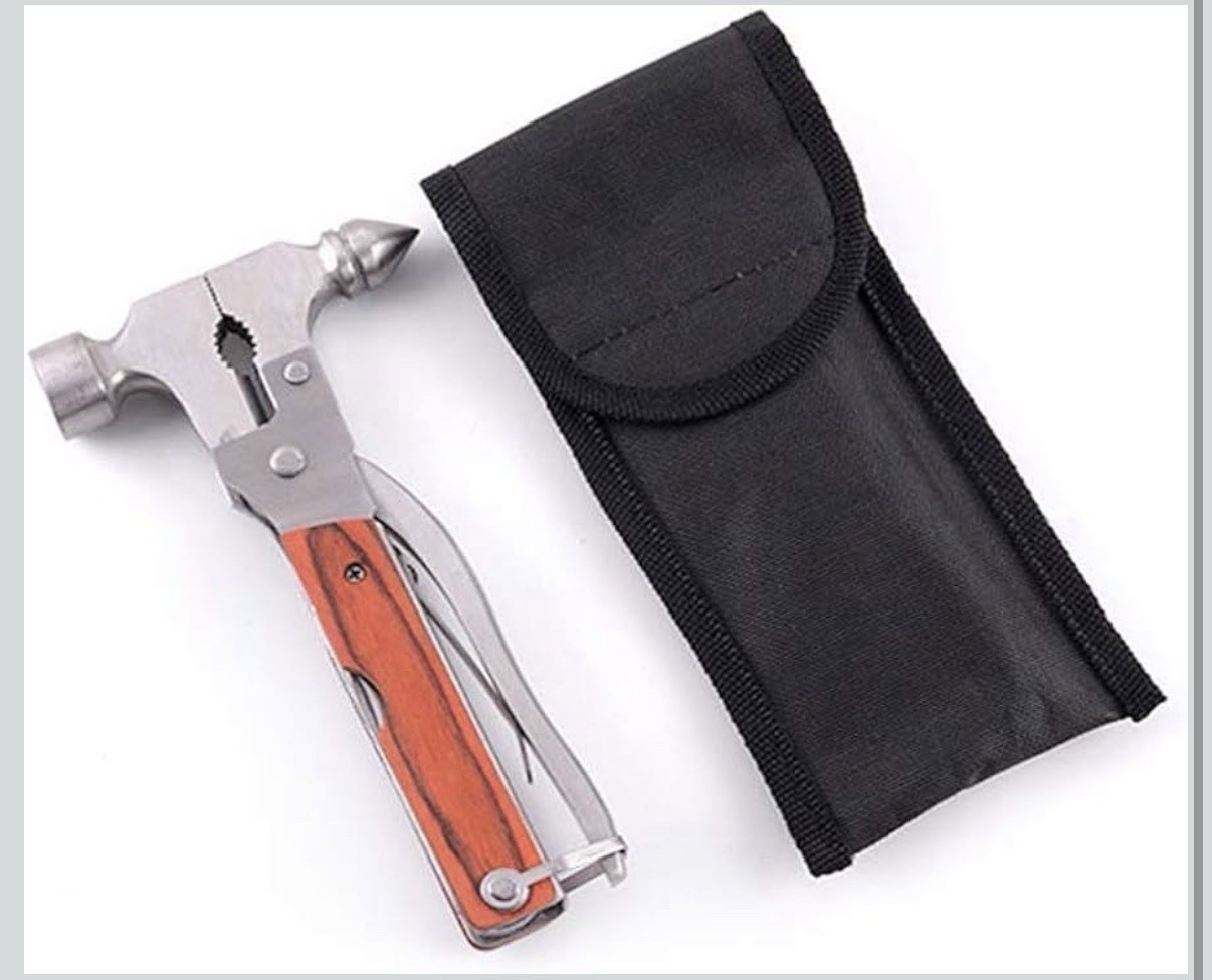 Window Breaker Multitool with 16-in-1 Survival Gear, Stainless With Wood Handle