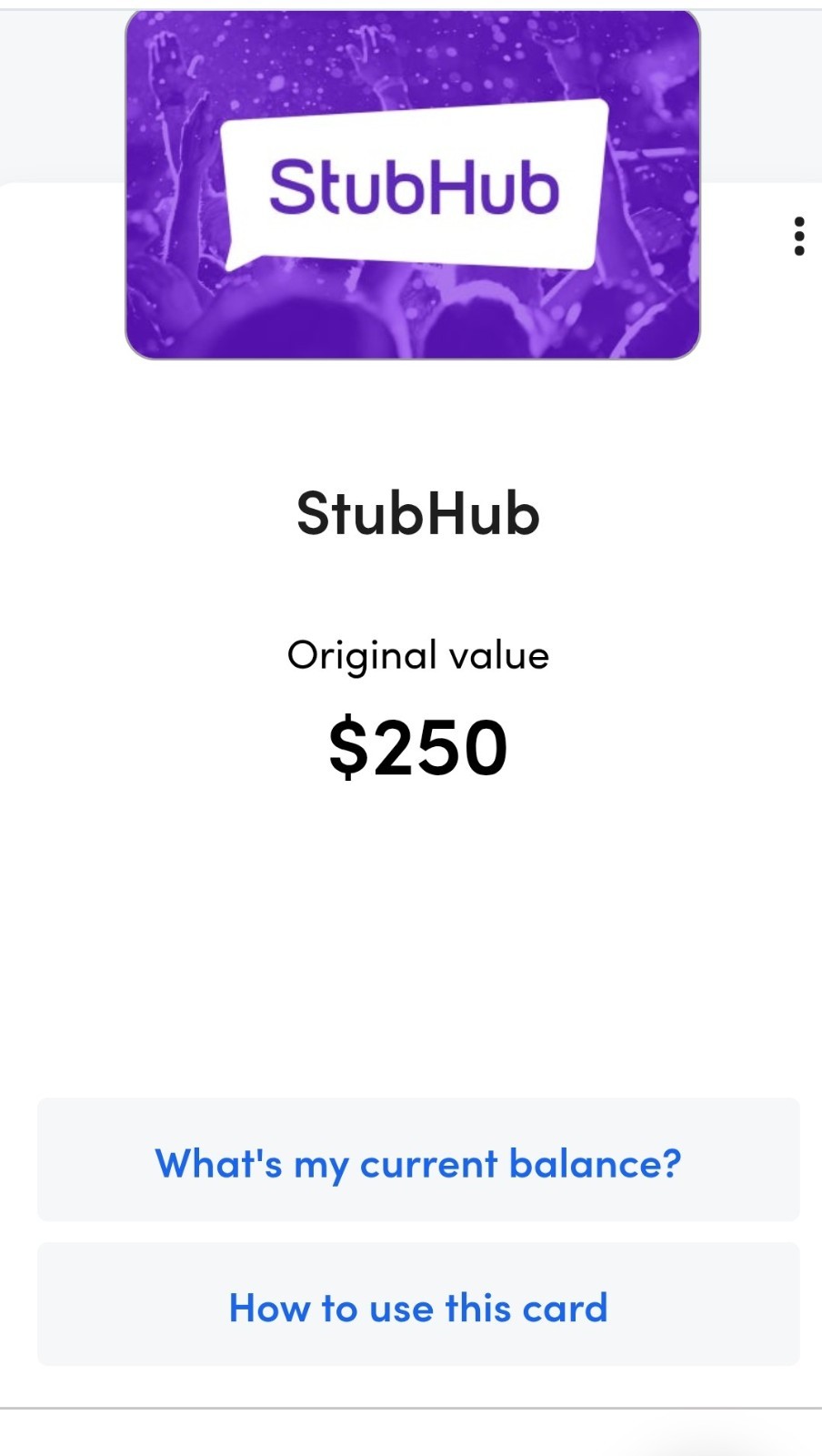 StubHub $250 Movies & Entertainment Gift Card US-Nationwide No Expiration