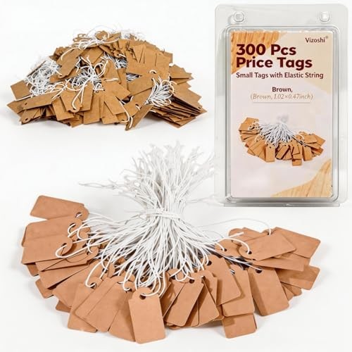 300 Pcs Small Price Tags with Elastic String, Brown Kraft Jewelry Tags for
