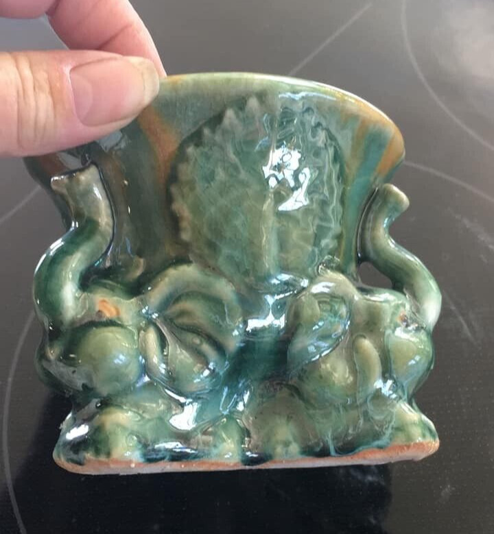Vtg Baby Elephants Planter Trunks Up Green Brown Majolica East Asian Style