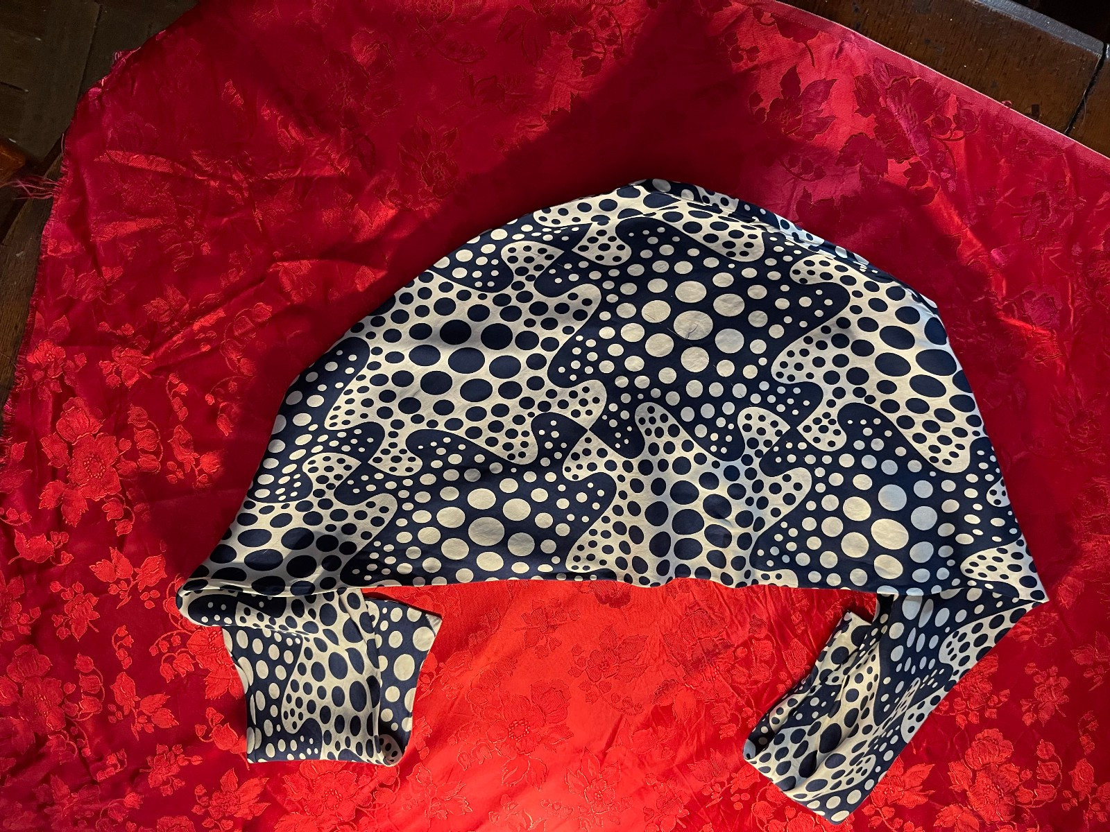 Silk Scarf Reversible Navy and Cream Polka Dot Patterns