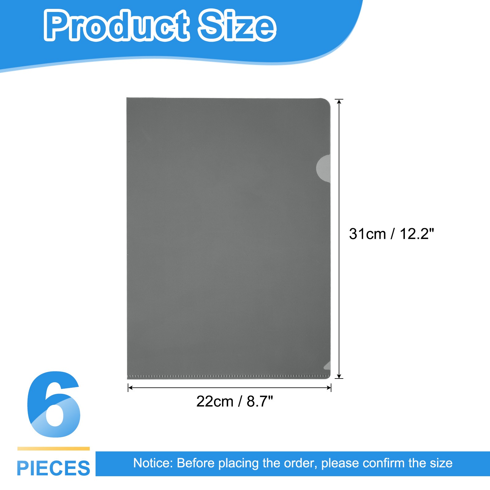 6 Pack L-Type Plastic Folders, Clear Folders, Dark Gray