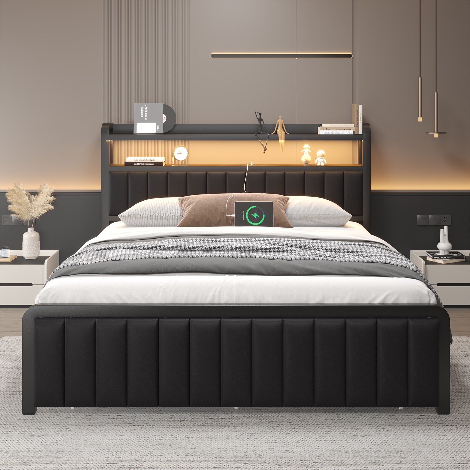 Full/Queen Size Bed Frame with 2-Tier Storage Headboard and Storage Drawers
