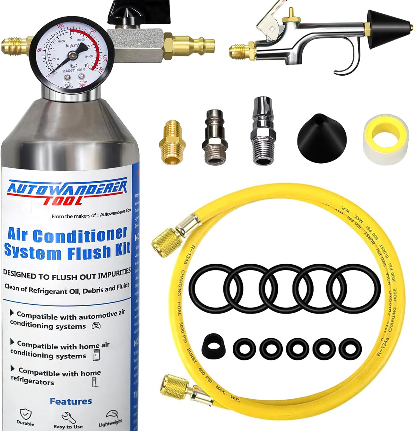 AC Flush Kit Air Conditioner System Flush Canister Gun Set for Clean A/C Line