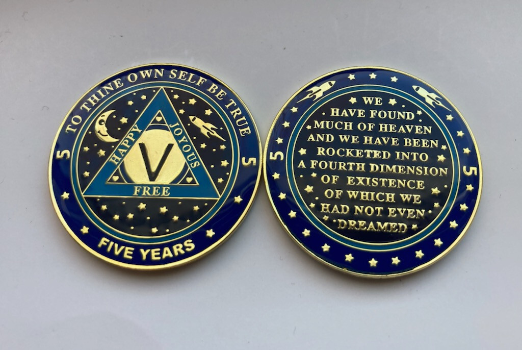 Rocketship sobriety tokens. 5 year. Triplate tokens. Also have other years?