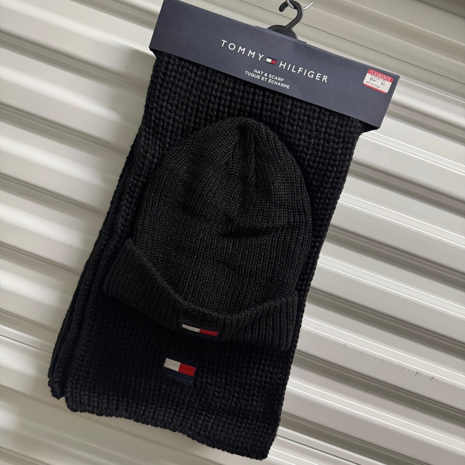 Tommy Hilfiger Black Knit Hat and Scarf Set Men OS