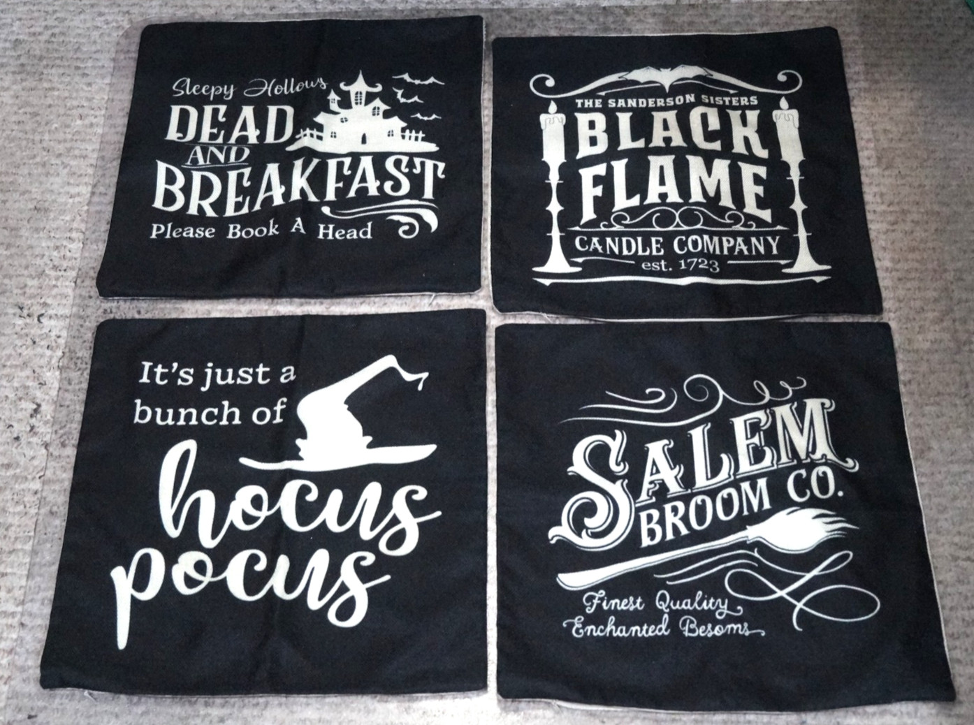 SET OF 4 HALLOWEEN PILLOW CASES 16 X 16 BLACK W/ OFF WHITE GRAPHICS HOCUS POCUS