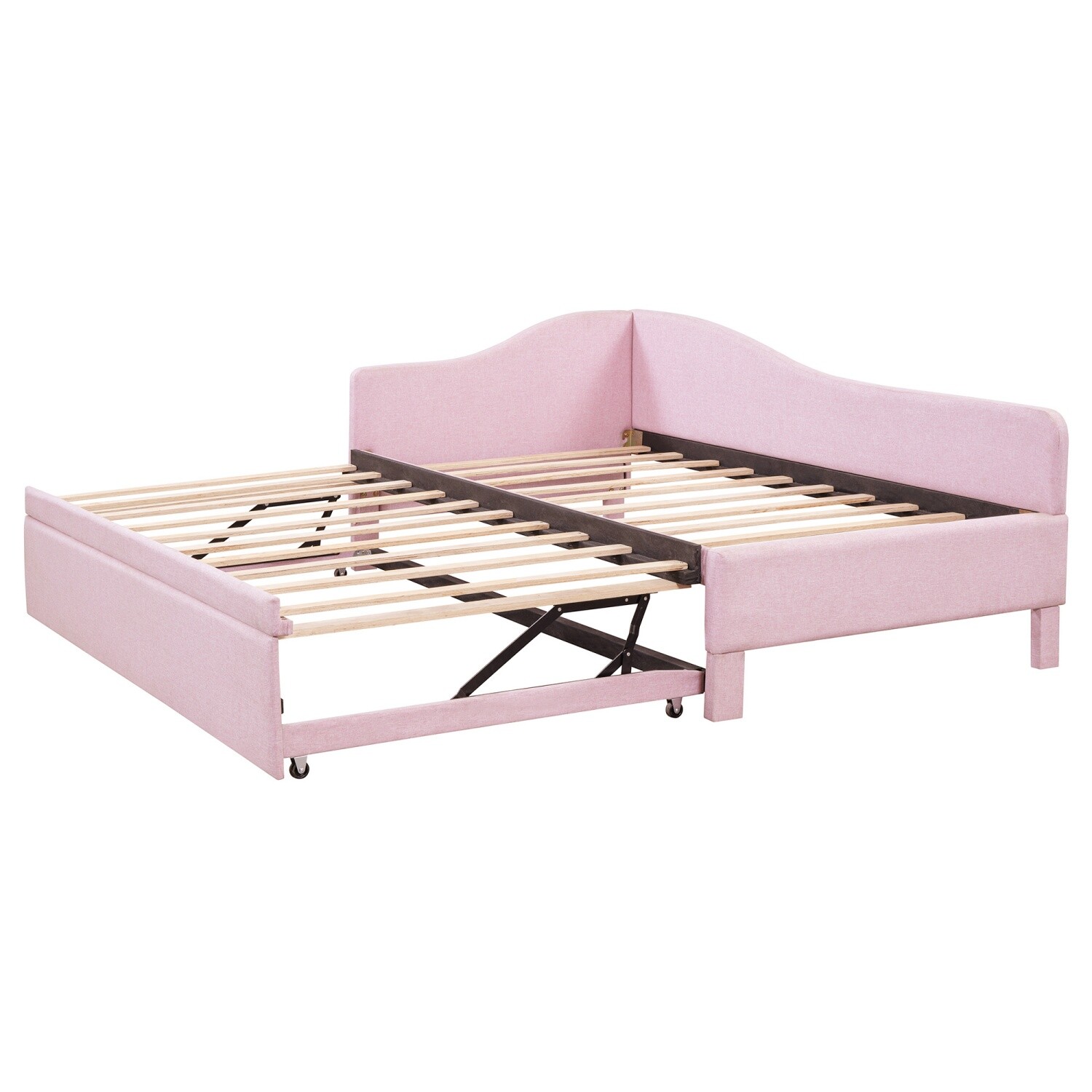 Twin Size Daybed Linen Upholstered Bed Frame Sofa Bed with Pull Out Trundle Bed