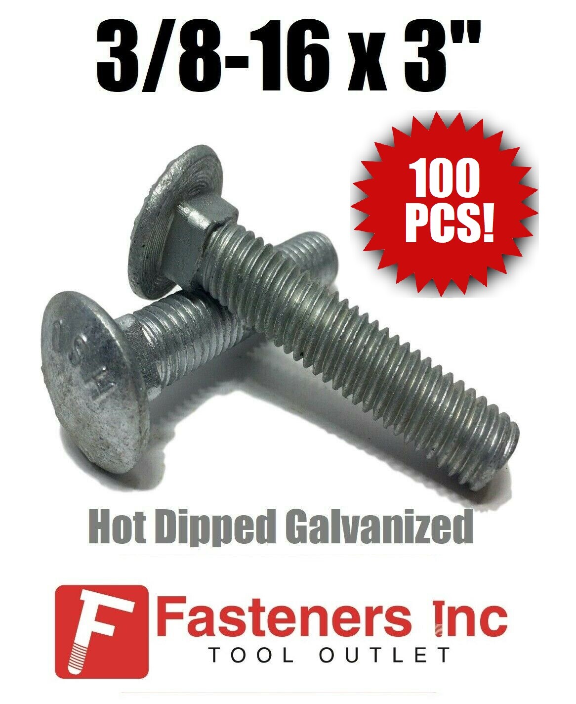 (QTY 100) 3/8-16 x 3" Carriage Bolt Hot Dipped Galvanized A307