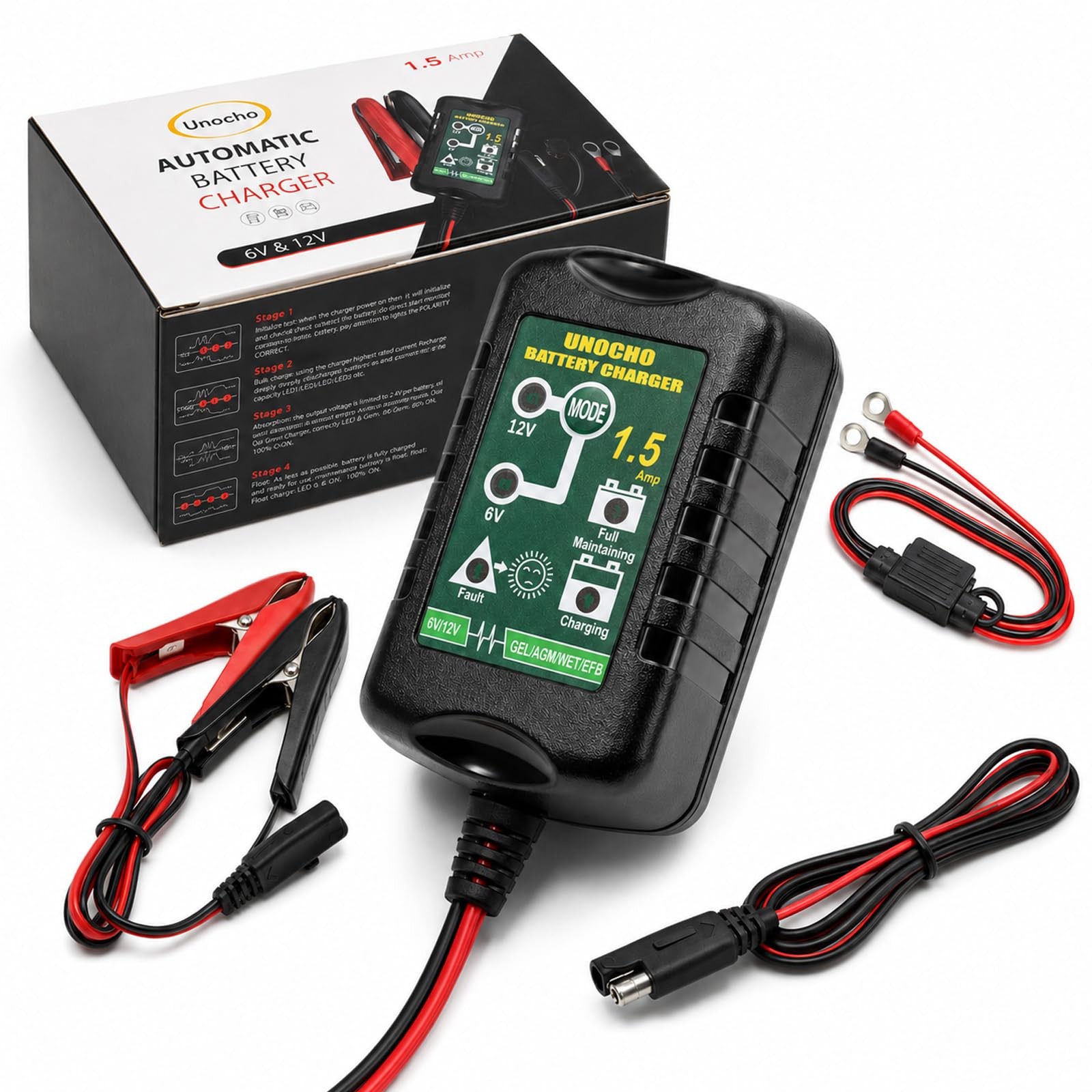 Unocho 6V/12V Battery Charger Maintainer 1.5A Automatic 120 cm, 6/12V