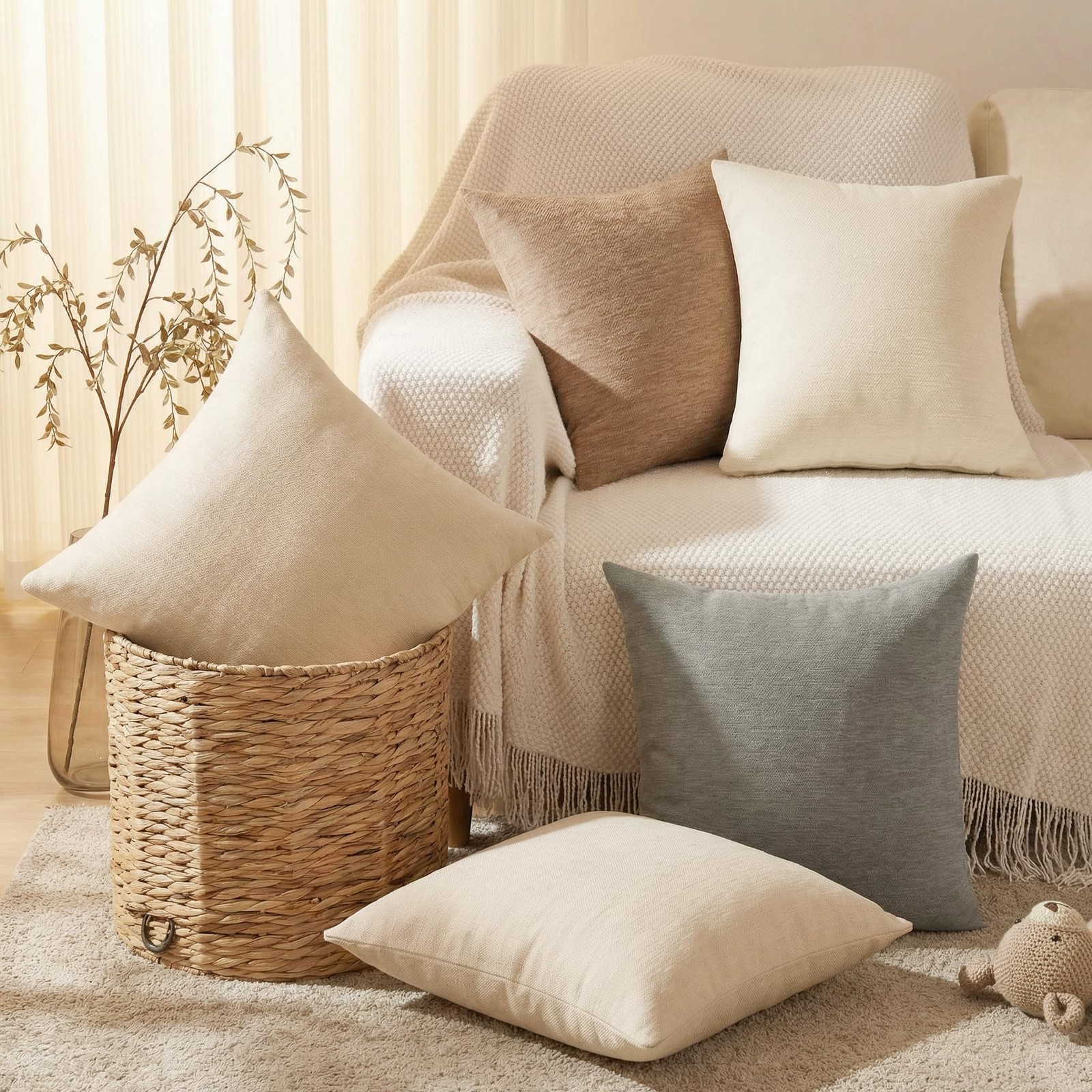 Set of 4 Neutral Throw Pillow Covers 18x18 Inch Decorative Pillow Cases 45x45 cm