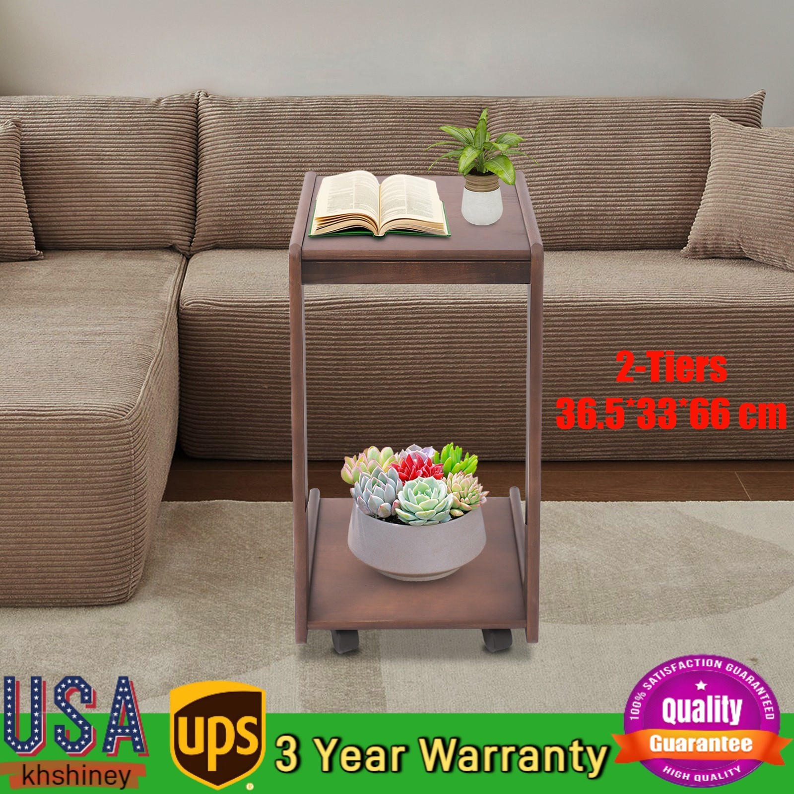 2-tierd Solid Wood Bedside C-shaped Side Table W/ Drawer & Lockable Wheels