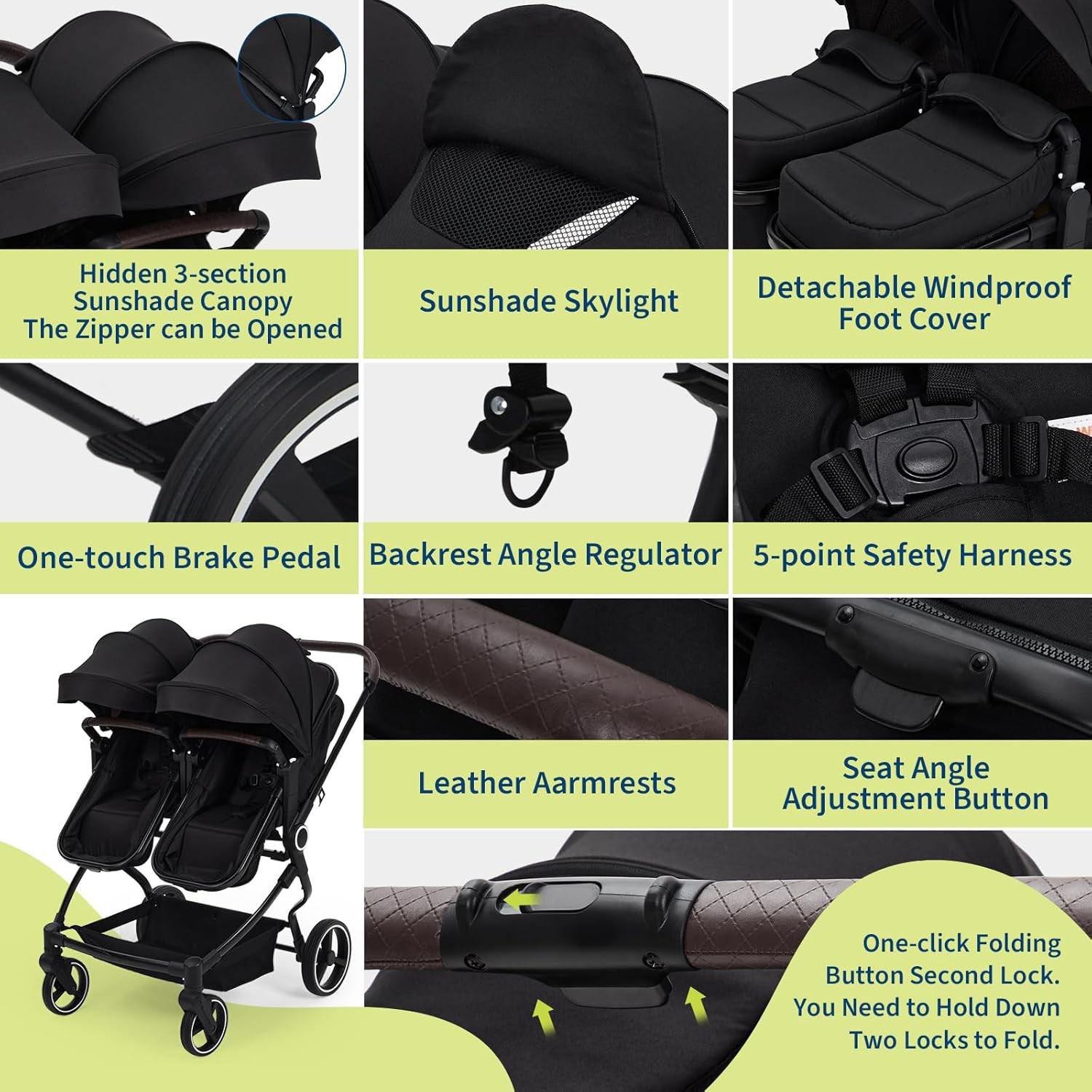 Twins Side by Side Double Stroller Lightweight Fold Travel Stroller Adjustable