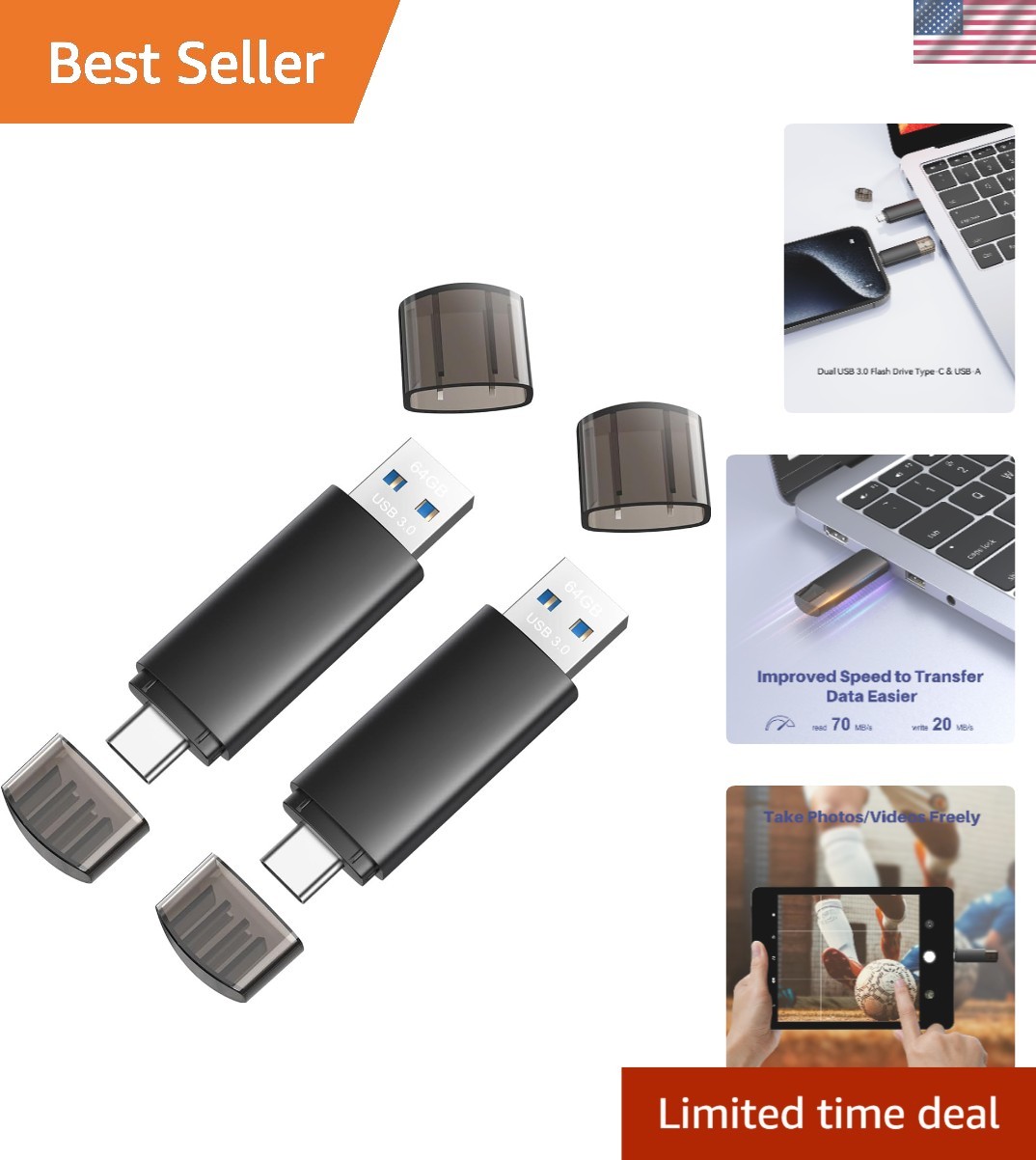 64GB USB C Flash Drive Dual USB 3.0 Flash Drive Type C + USB A Portable Type-..,