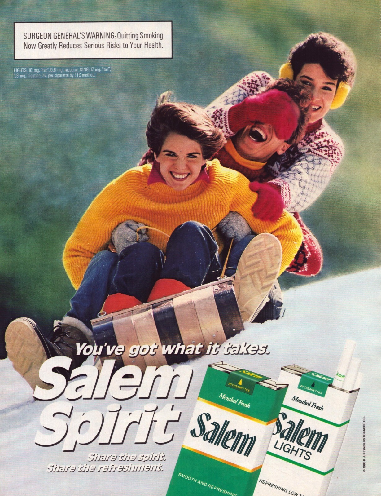 1986 Salem Cigarettes Print Ad Sled Snow Ear Muffs Winter
