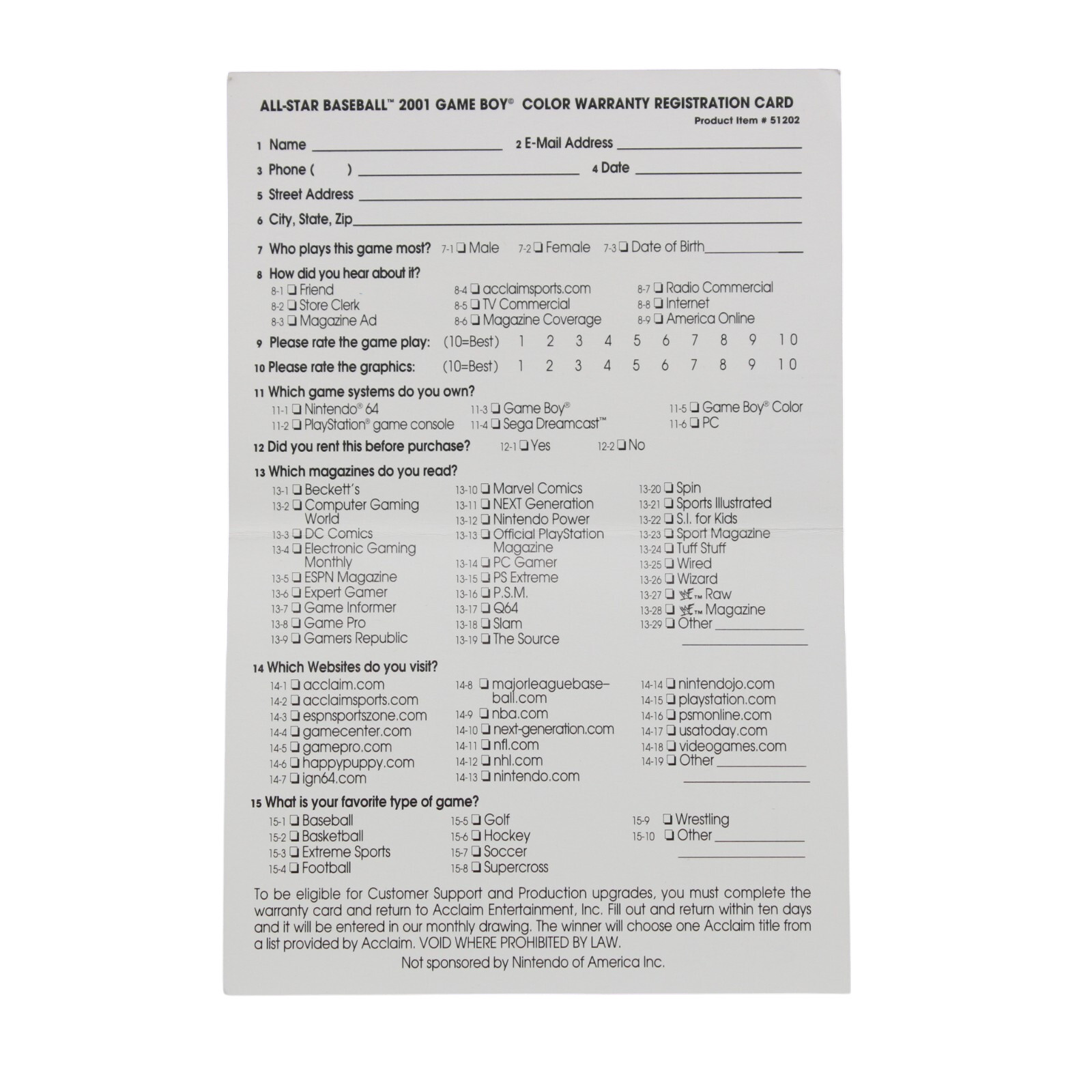 All-Star Baseball 2001 Nintendo Gameboy Color Registration Card Acclaim