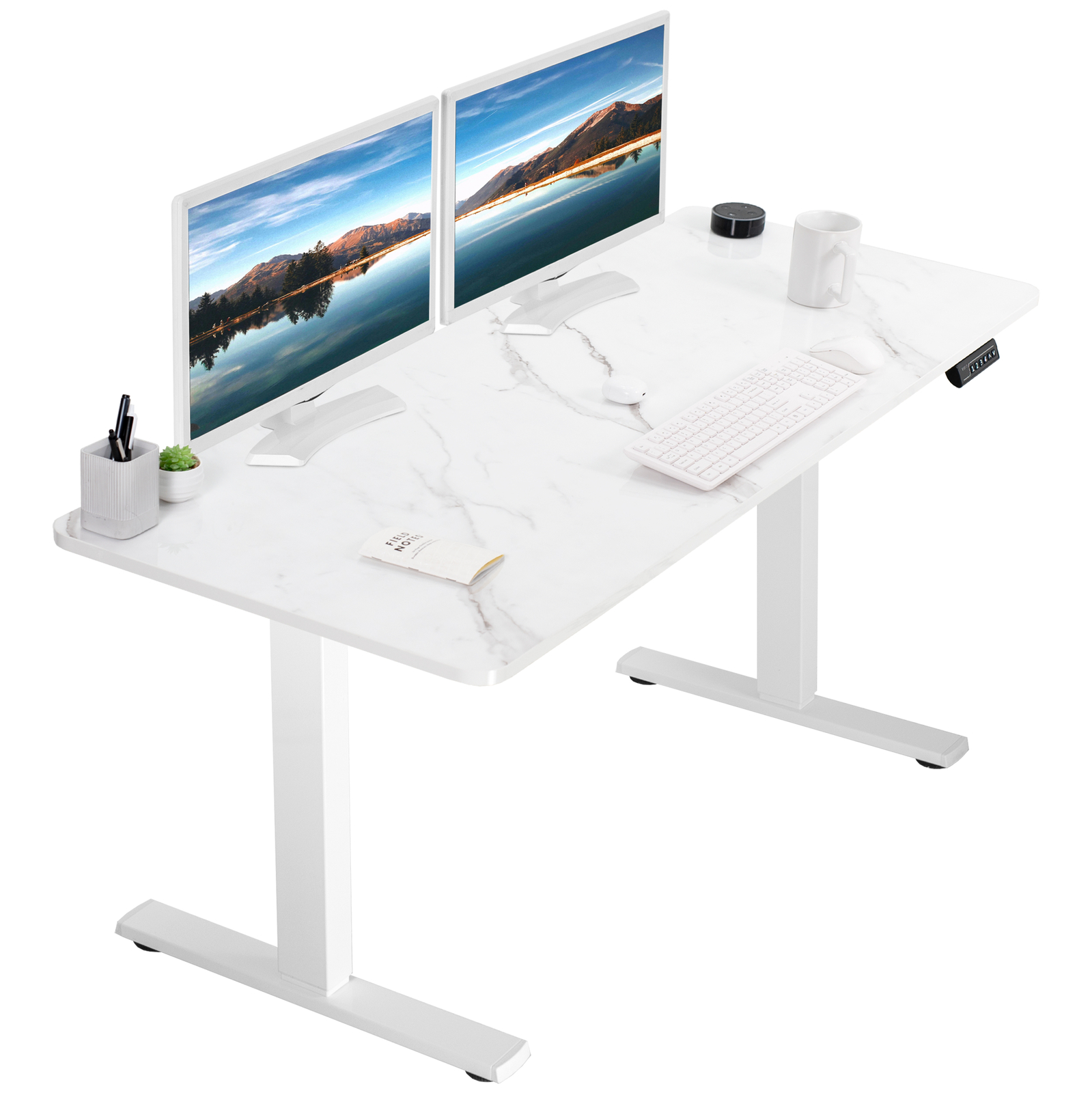 VIVO Electric 60” x 24” Stand Up Desk, White Marble Dry Erase Top, White Frame
