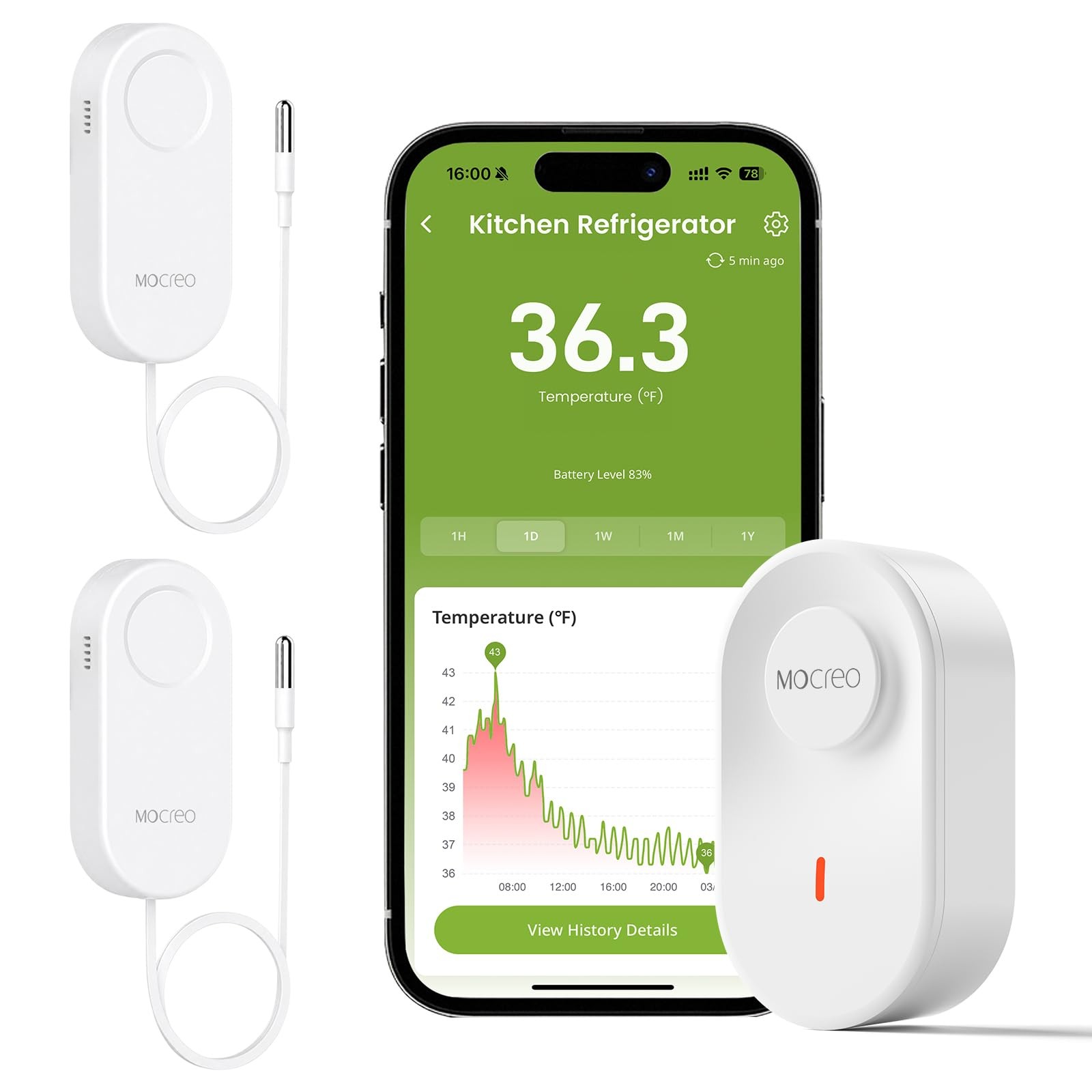 MOCREO WiFi Thermometer Freezer Alarm, Email Alert, App Notification, White