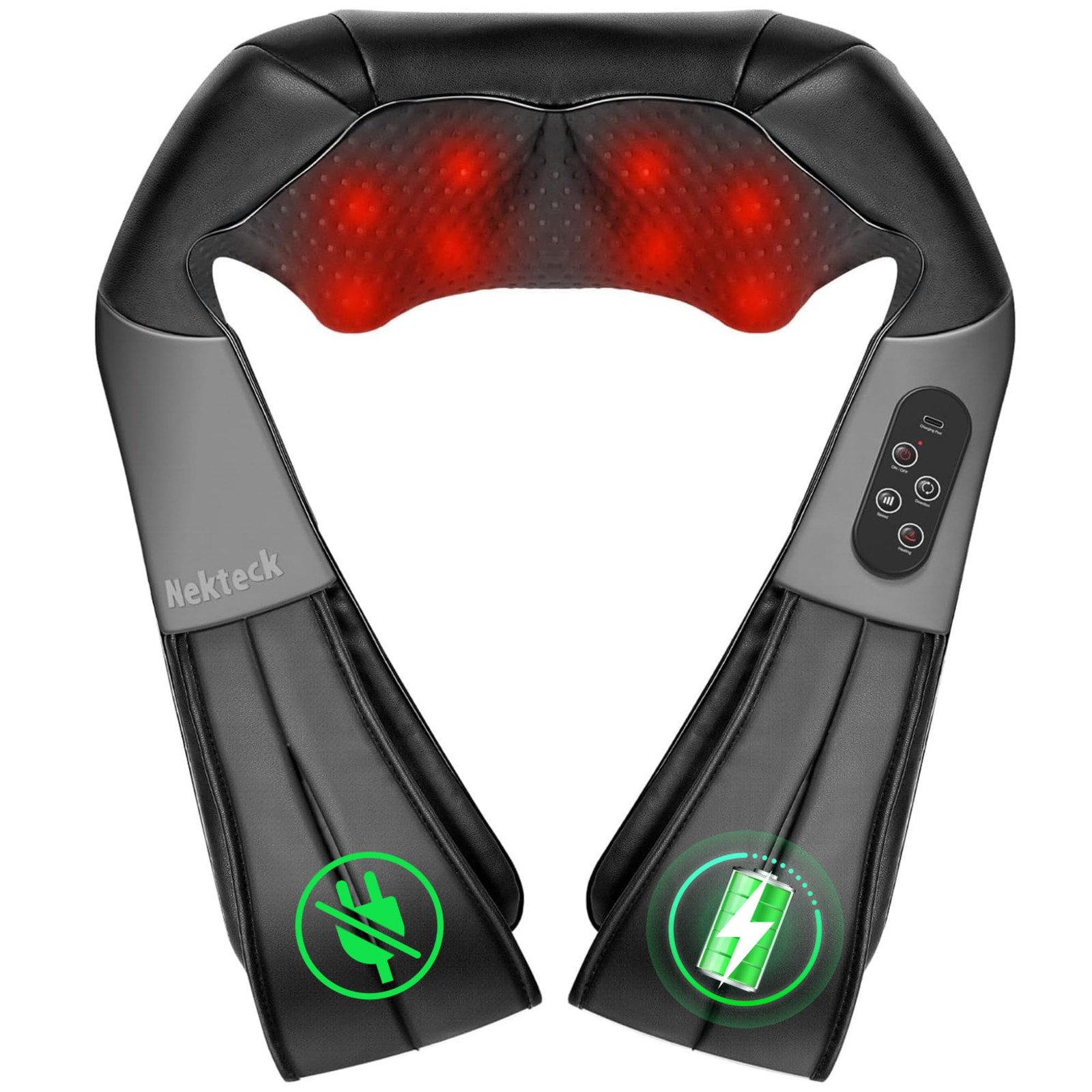 Nekteck Shiatsu Neck and Back Massager with Soothing Heat, Regular, Black