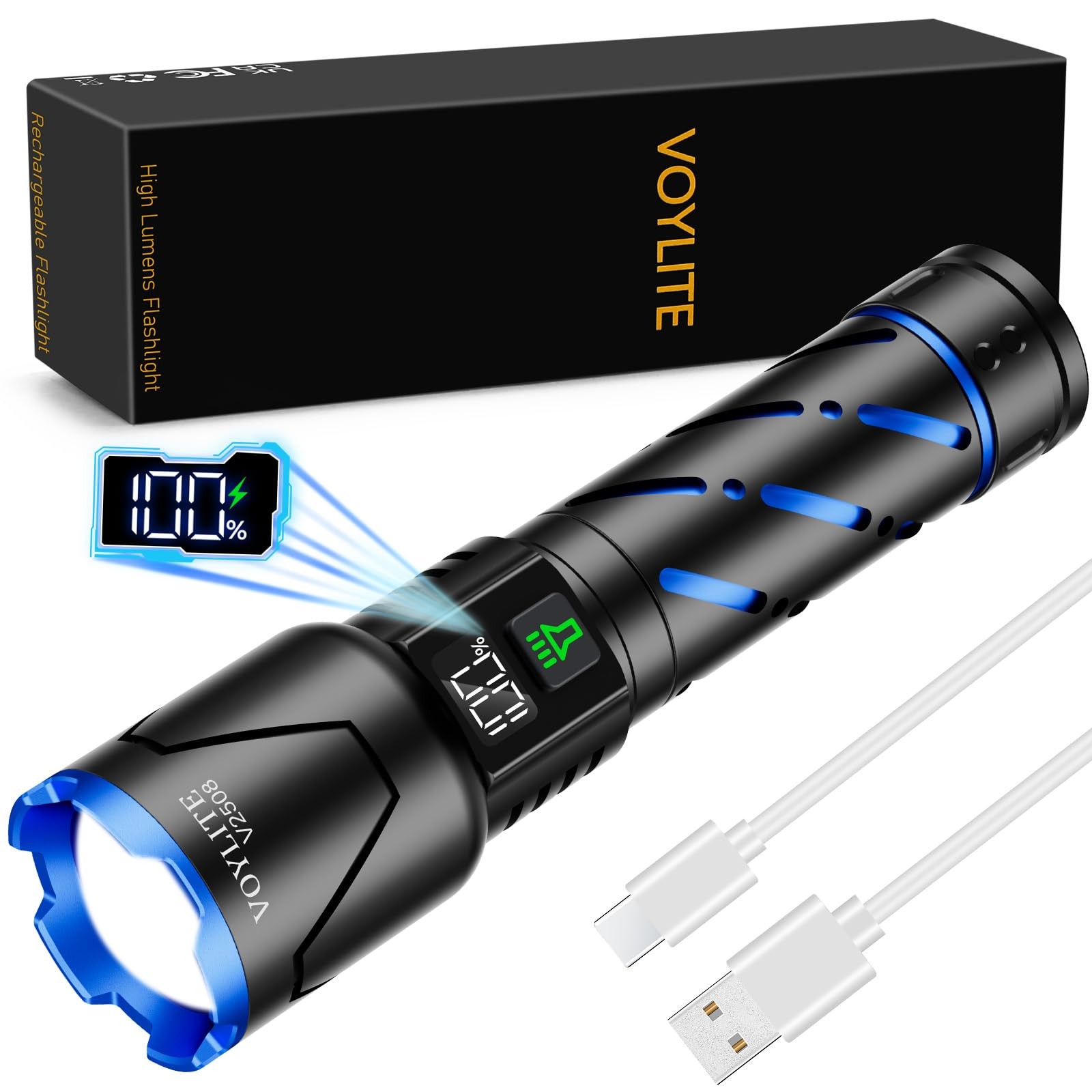 Best Rechargeable Flashlights High Lumens - 100000 LM 5000mAh Battery with LCD