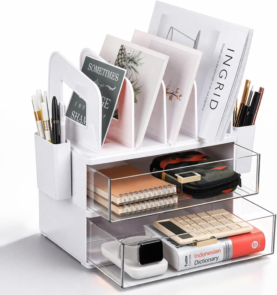 White Acrylic Desk Organizer with Drawer & File Holder, Stackable Modular Storag